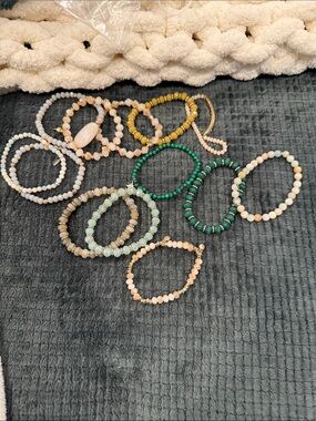 13 Beaded Stretch Bracelet Set - Mixed Pastel and Green Colors